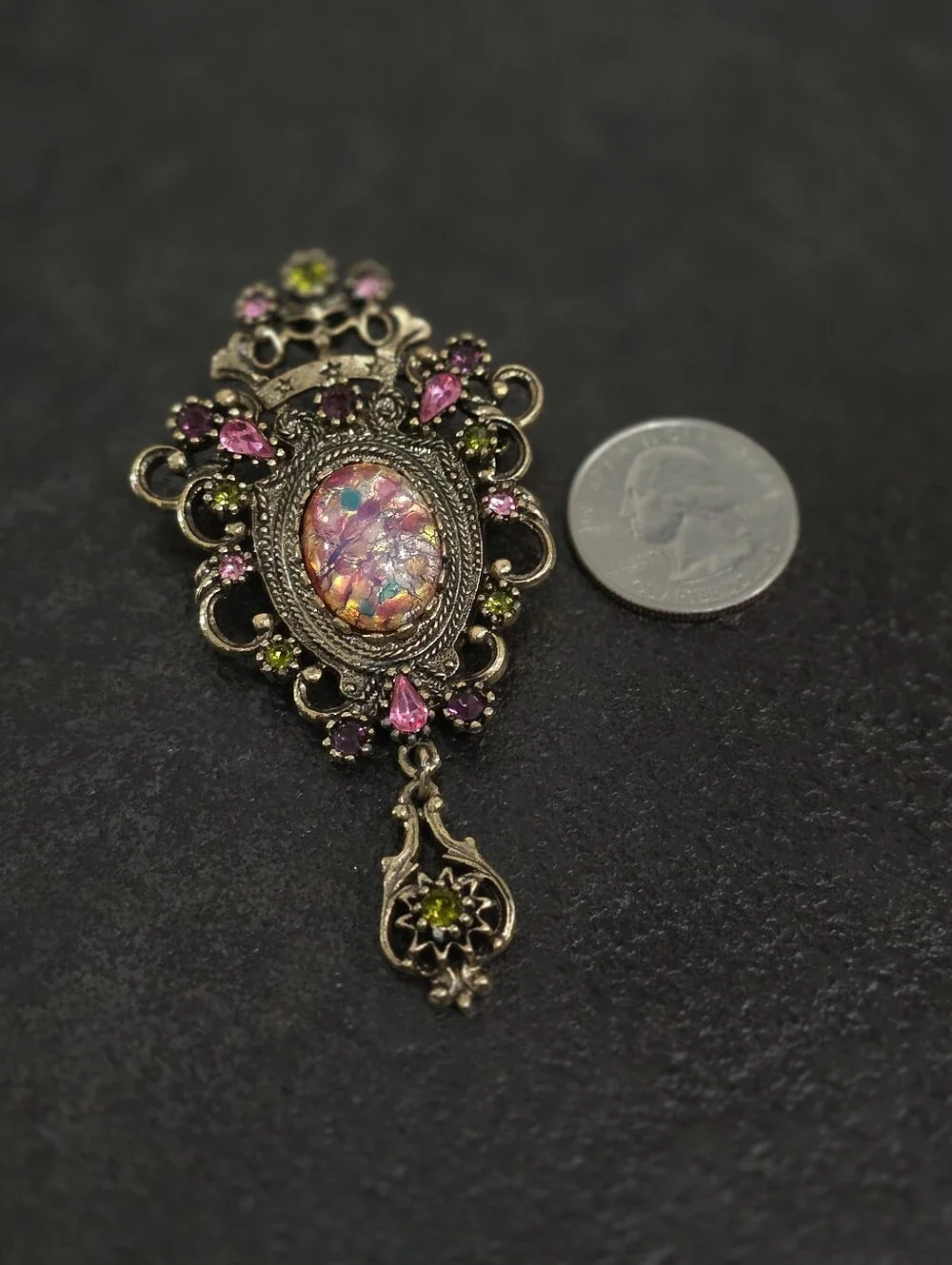 Vintage Sarah Coventry Contessa Brooch Pendant 1970s Faux Opal Rhinestone